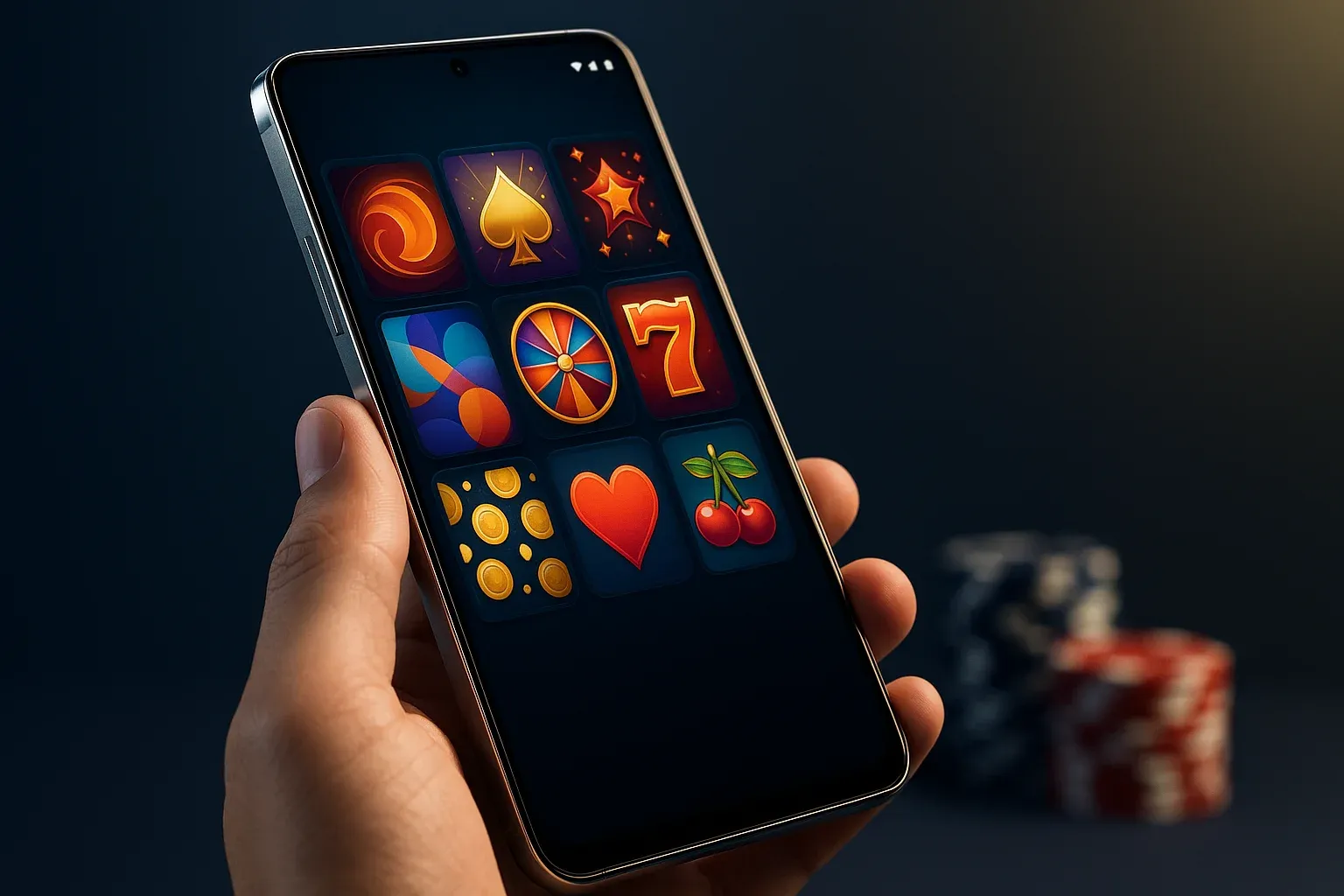 Flagship Android smartphone showing vivid casino app interface with dramatic lighting