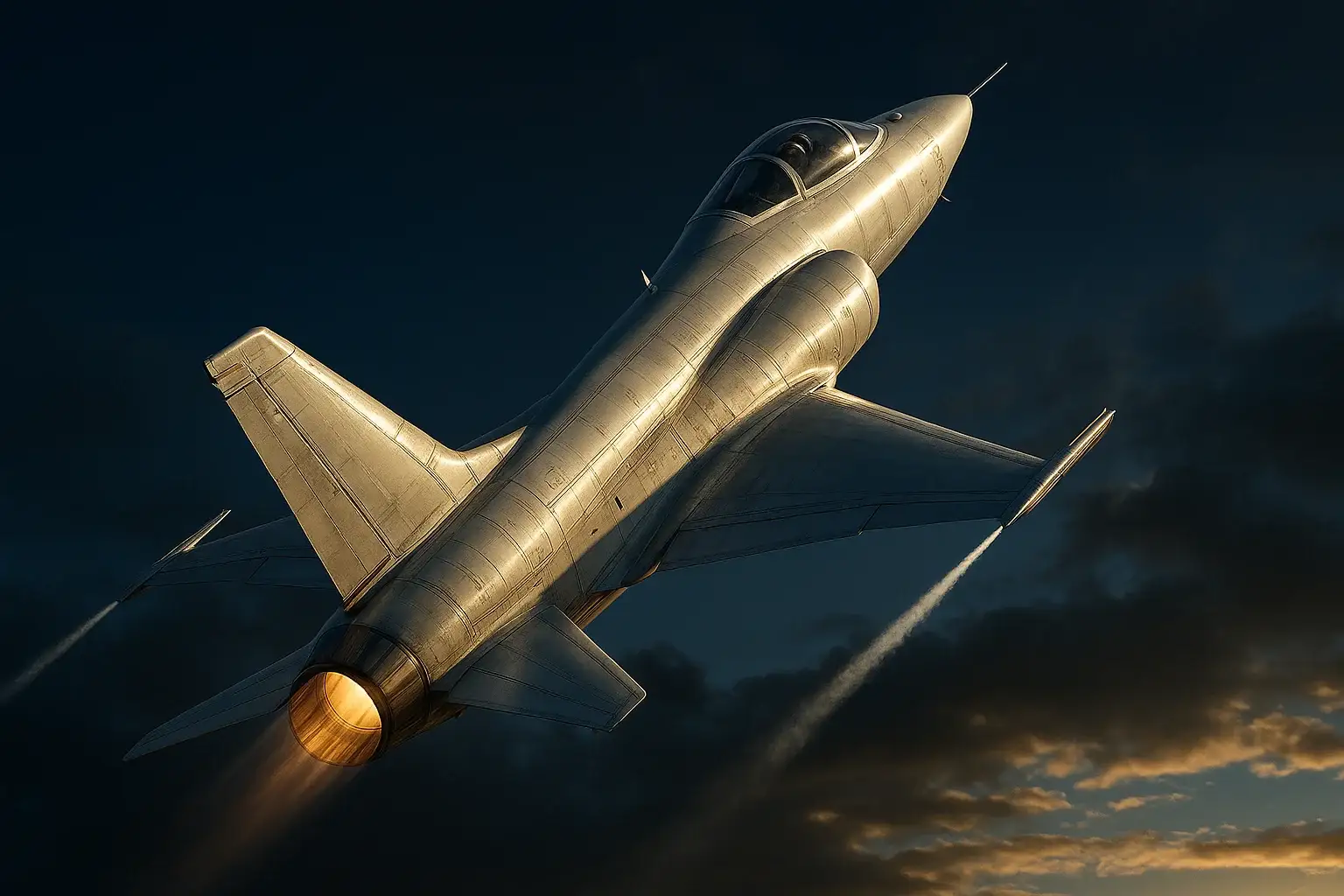 Hyperrealistic white jet climbing steeply in deep blue sky