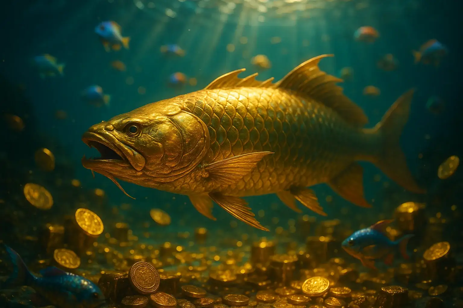 Hyperrealistic underwater golden dragon fish with glowing coins and treasure