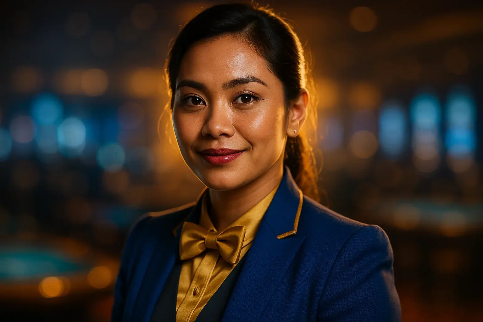 Hyperrealistic close-up portrait of glamorous Filipino casino dealer in blue uniform