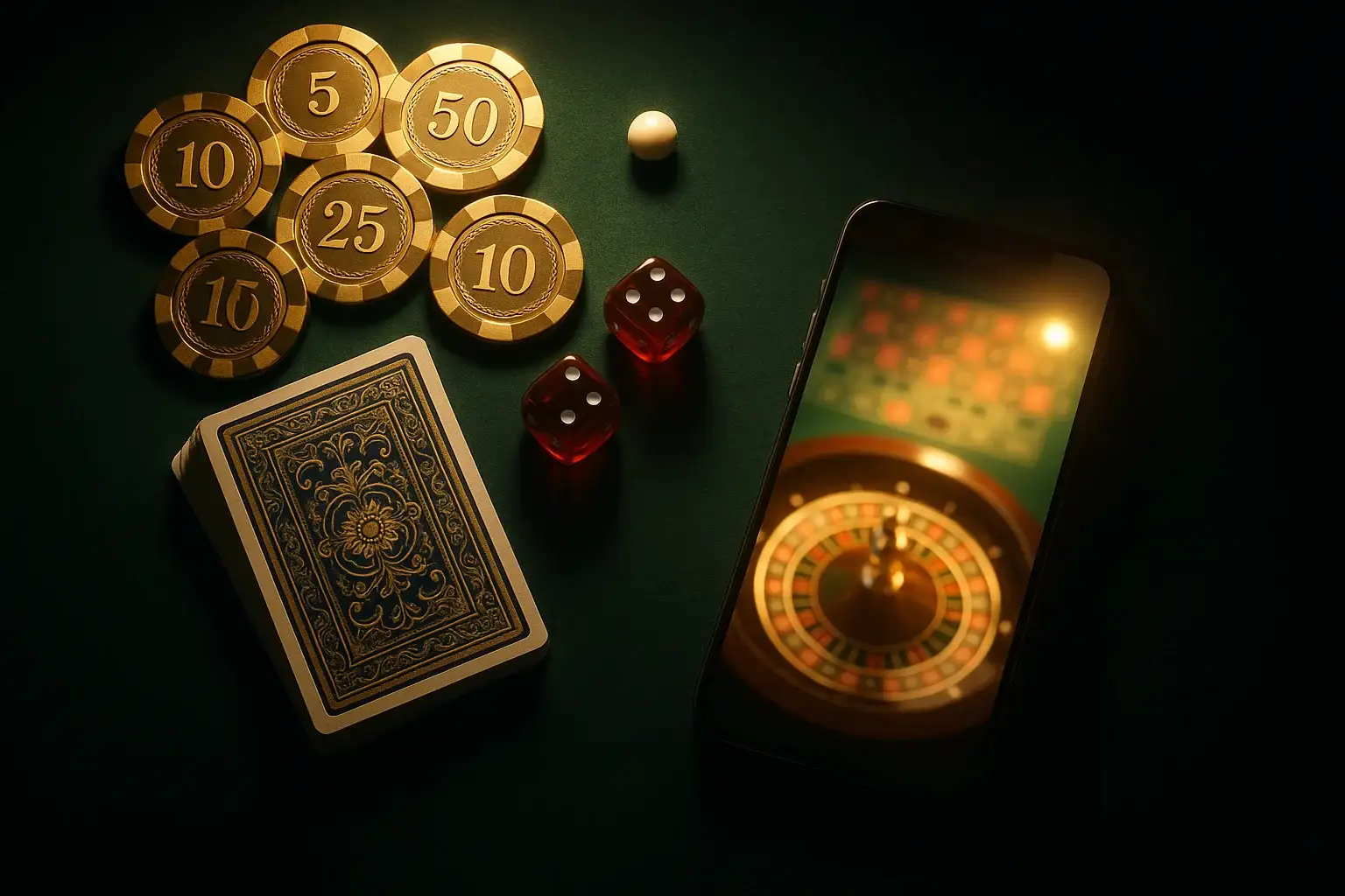 Top-down casino table with gold chips, cards, dice, roulette ball, smartphone