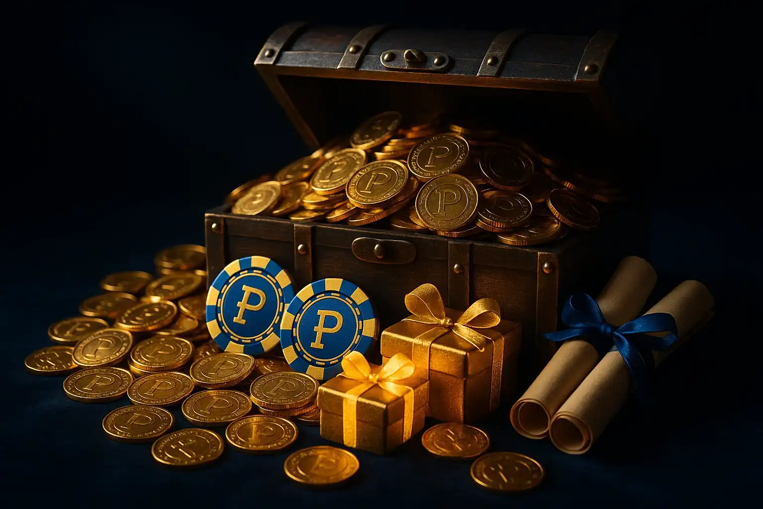 Overflowing treasure chest with gold coins, casino chips, vouchers, and gift boxes