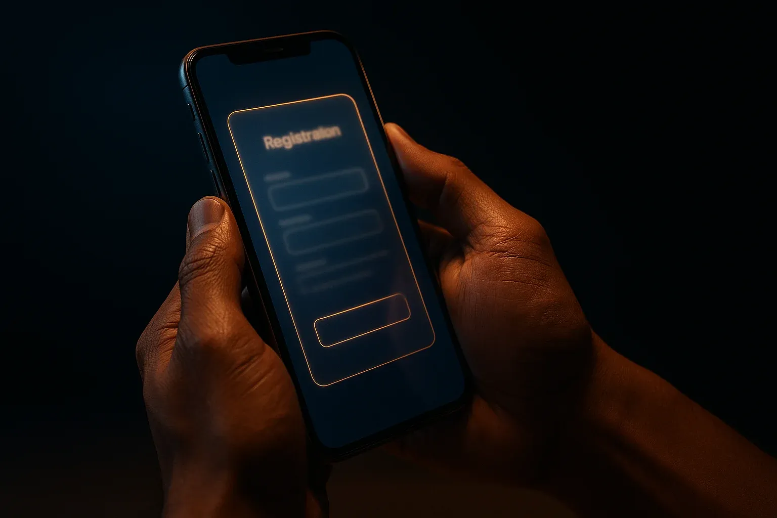 Filipino man hands holding smartphone with blurred registration form interface