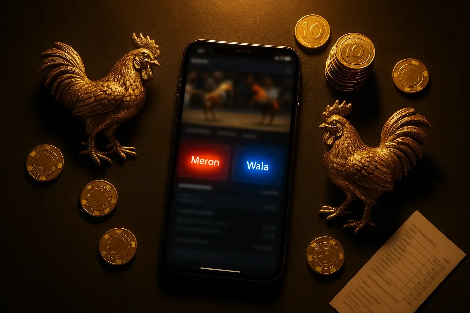 Smartphone sabong betting interface with golden roosters, peso coins, casino chips