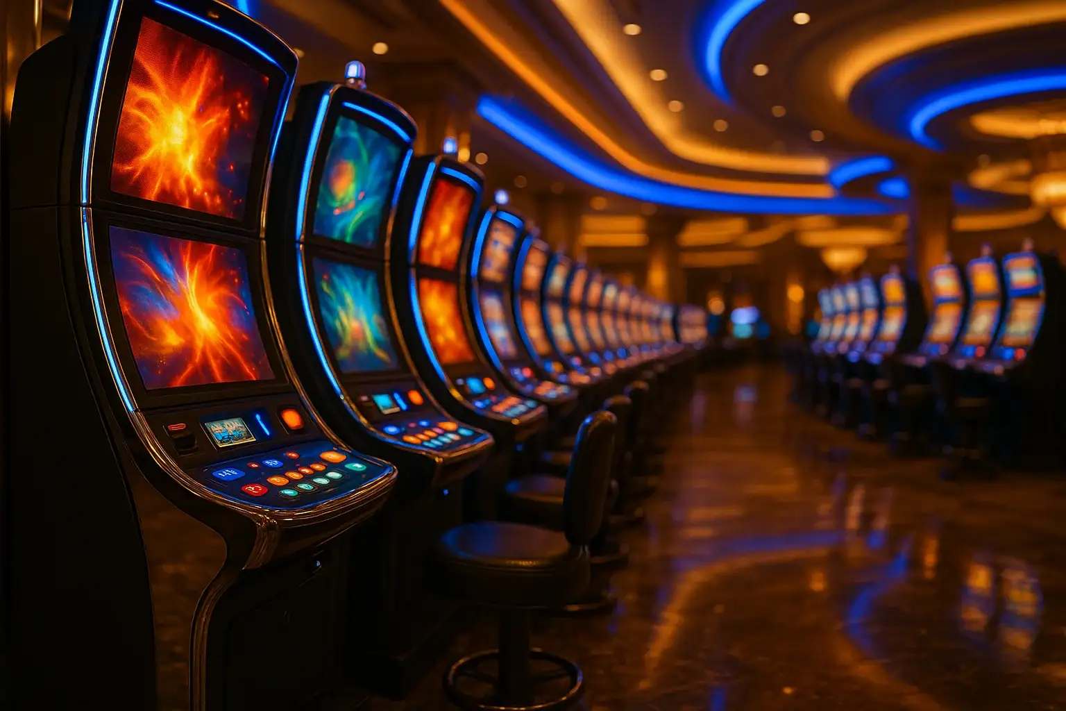 Hyperrealistic wide shot of Manila casino slots floor with blue gold lighting