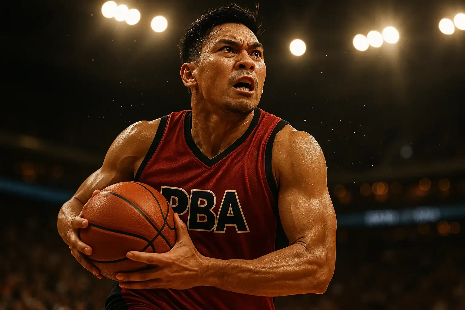 Hyperrealistic close-up of Filipino PBA player driving to basket mid-air